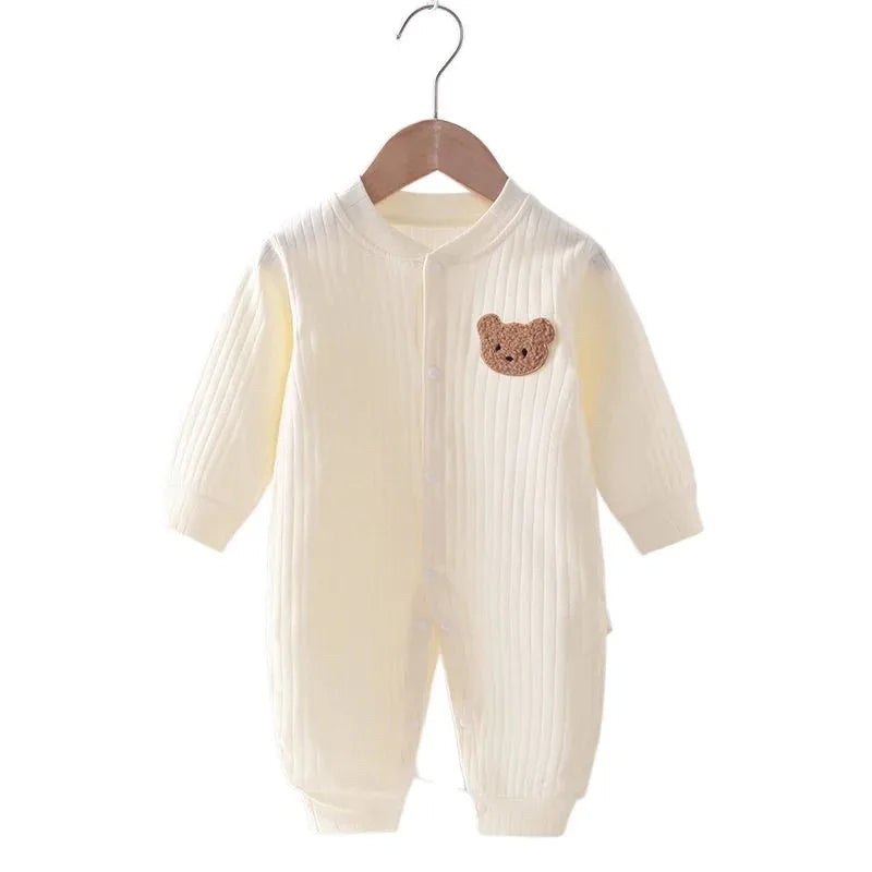 Ribbed Cotton Jumpsuit with Textured Bear - Yellow