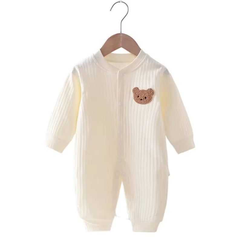 Ribbed Cotton Jumpsuit with Textured Bear - Yellow