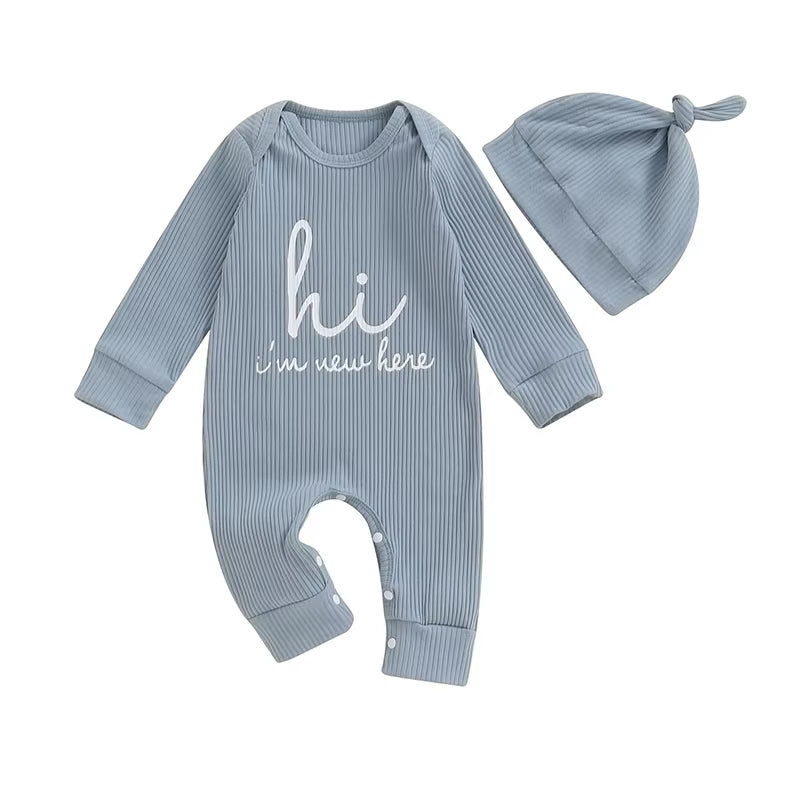 New Here Romper & Hat Set - Blue