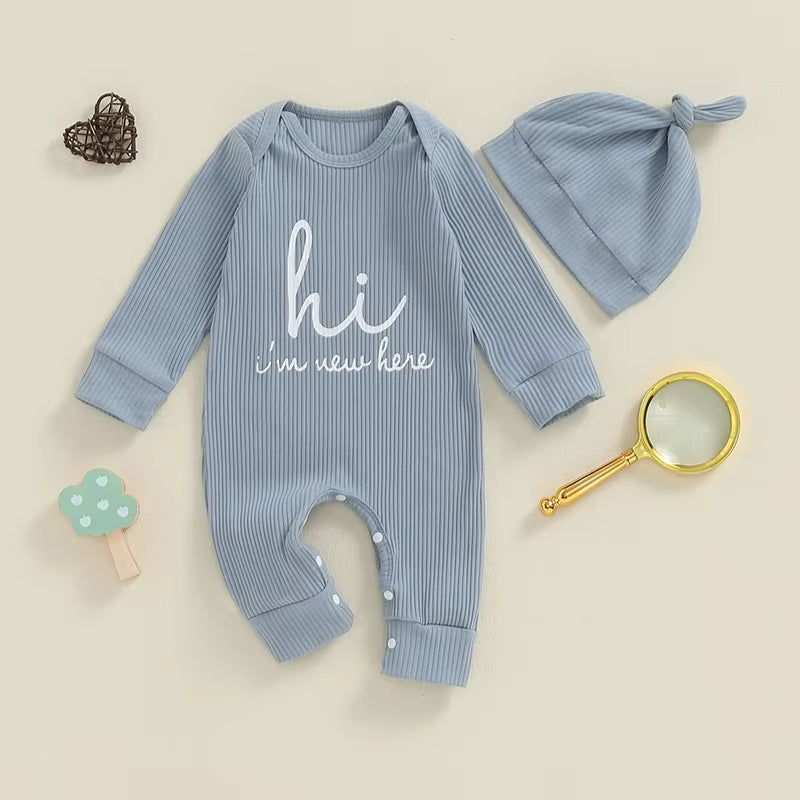 New Here Romper & Hat Set - Blue